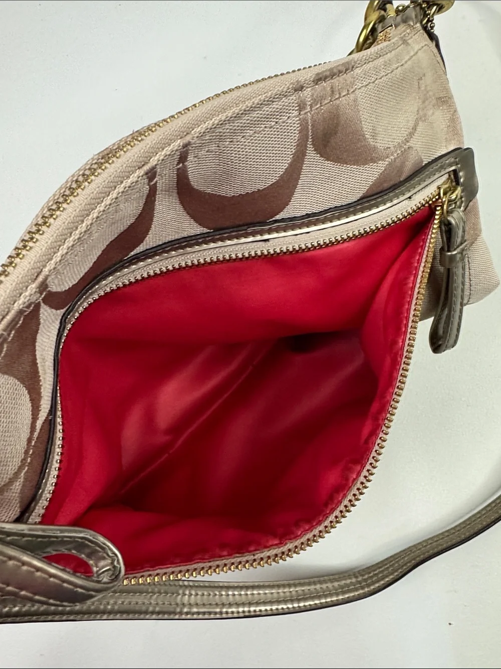 Coach Signature C Canvas Crossbody Bag Beige Gold Leather Trim Coral lined